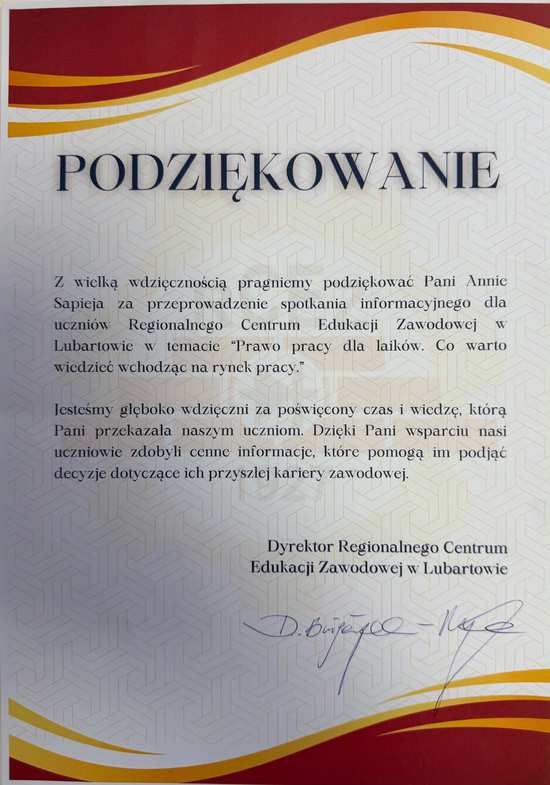 Podziękowanie z Regionalnego Centrum Edukacji Zawodowej w Lubartowie